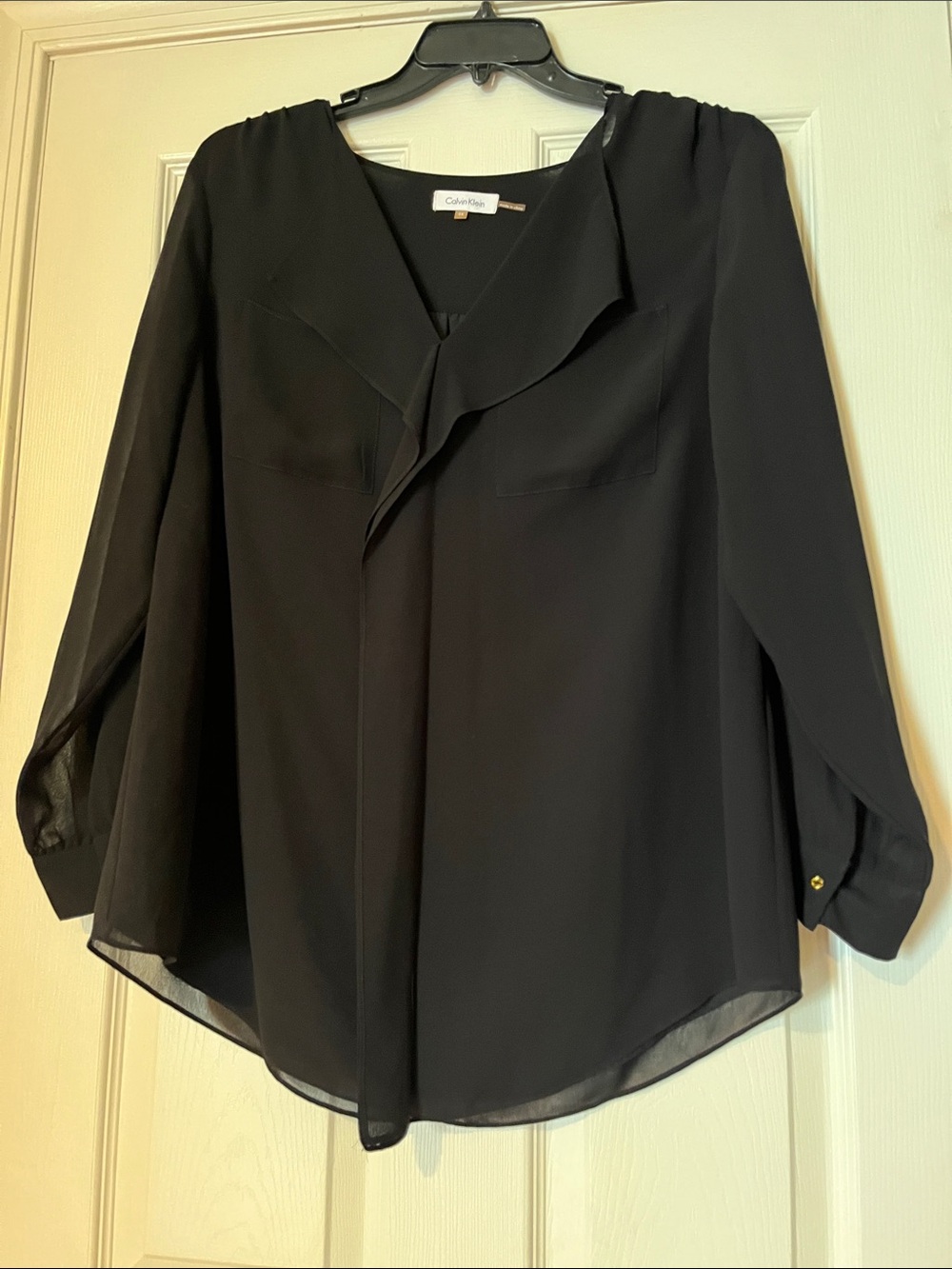 Calvin Klein Black Sheer Long-Sleeve V-Neck Blouse